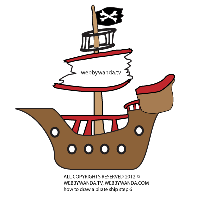 How to draw a cartoon Pirate Ship step 7, with webbywanda.tv all copyrights reserved 2012